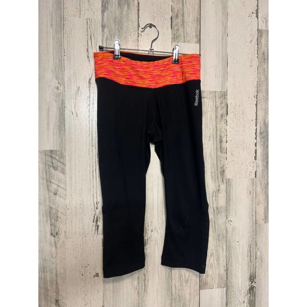 Reebok PlayDry Capri Leggings Womens Small Black Neon Pink Orange Waistband
